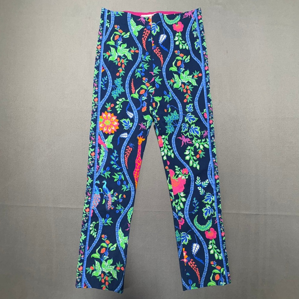 Gretchen Scott Navy Jungle Safari Floral Print Stretch Pull On Pants Small